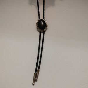 Vintage Black Leather Bolo Tie with Faux Onyx Stone
